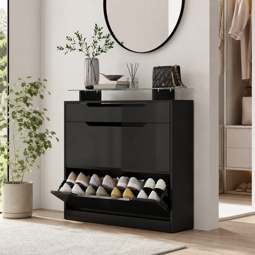 Shoe Storage Cabinet – Slide-Out Drawer, 2 Flip Doors, Tempered Glass Top, Black