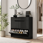Shoe Storage Cabinet – Slide-Out Drawer, 2 Flip Doors, Tempered Glass Top, Black