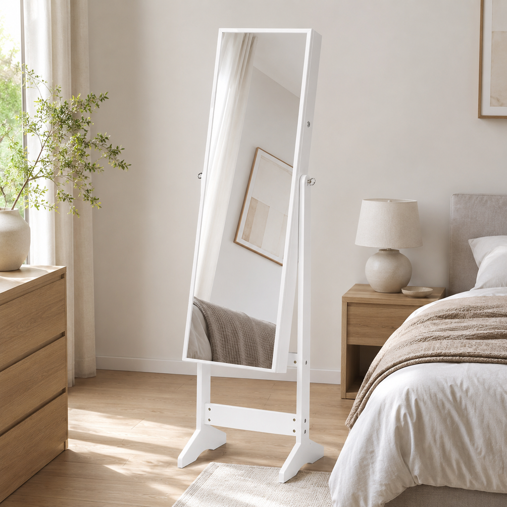 Jewellery Cabinet – Full-Length Mirror, Lockable Armoire, Freestanding, White