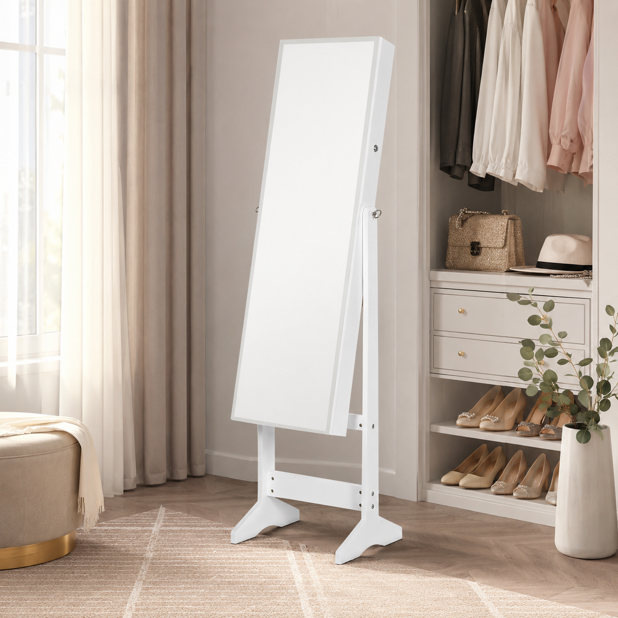 Jewellery Cabinet – Full-Length Mirror, Lockable Armoire, Freestanding, White