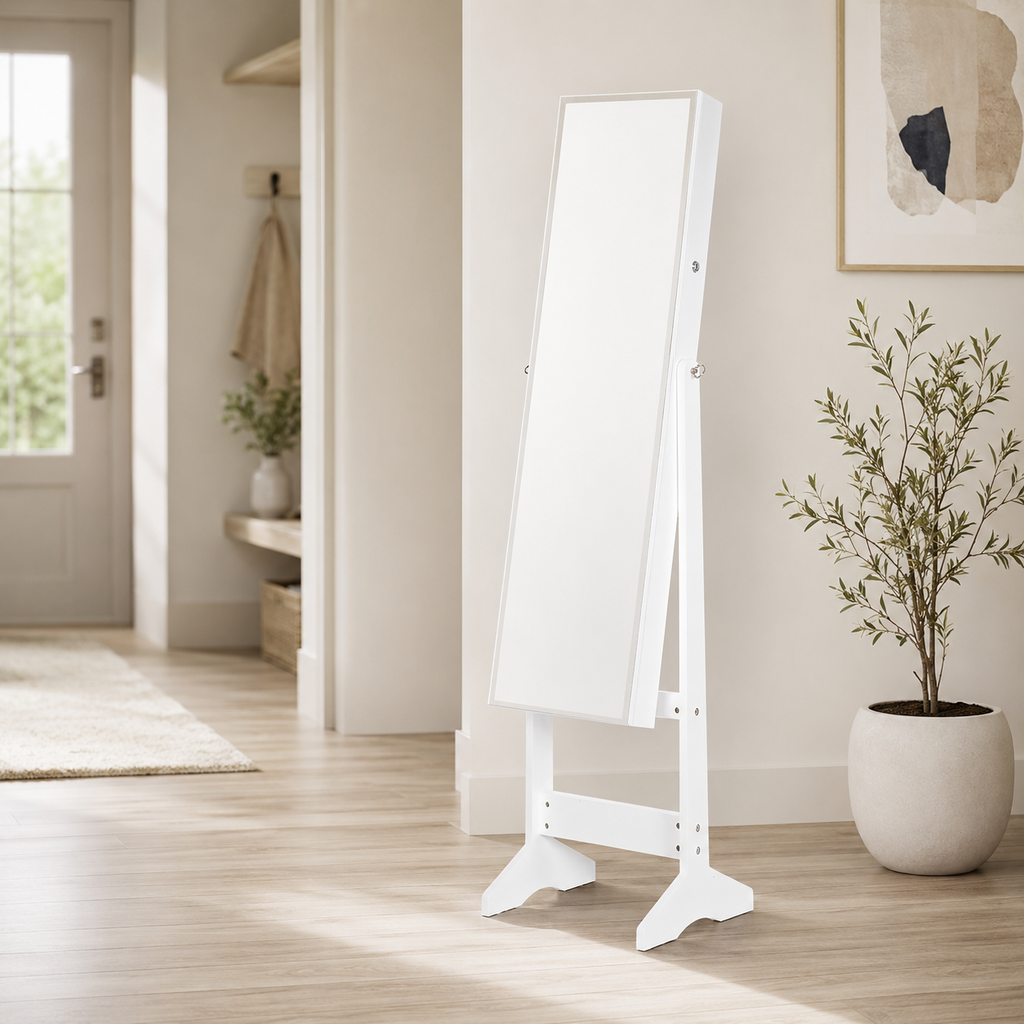 Jewellery Cabinet – Full-Length Mirror, Lockable Armoire, Freestanding, White