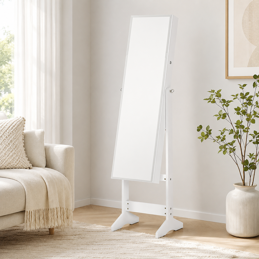 Jewellery Cabinet – Full-Length Mirror, Lockable Armoire, Freestanding, White