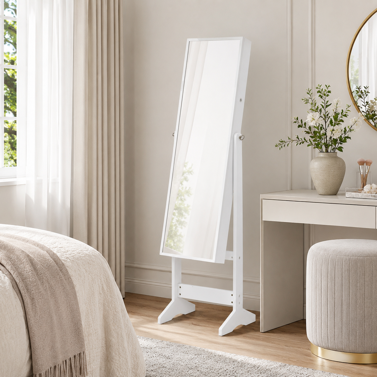 Jewellery Cabinet – Full-Length Mirror, Lockable Armoire, Freestanding, White