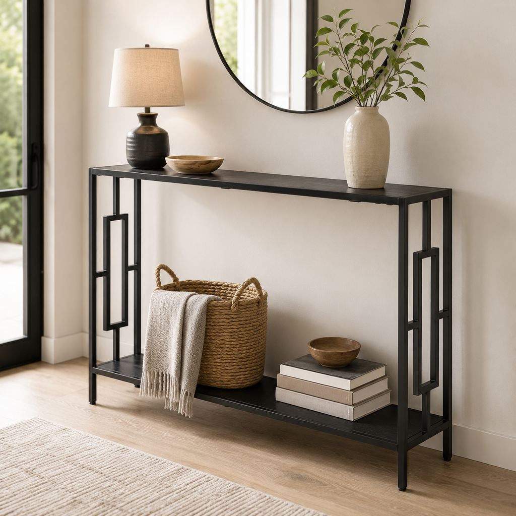 Console Table – Industrial, Hallway Desk, Storage Shelf, Metal Frame, Grey & Black
