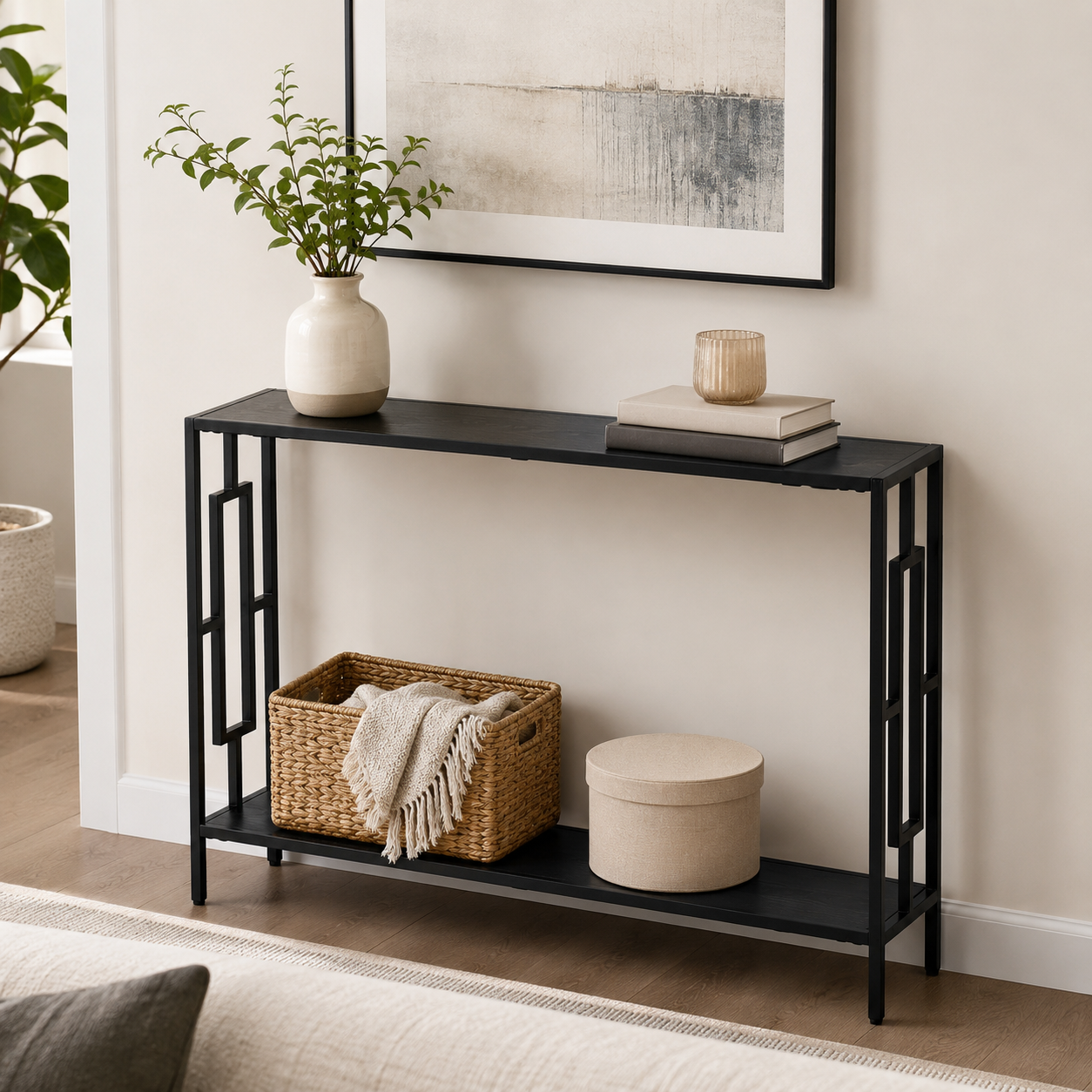 Console Table – Industrial, Hallway Desk, Storage Shelf, Metal Frame, Grey & Black