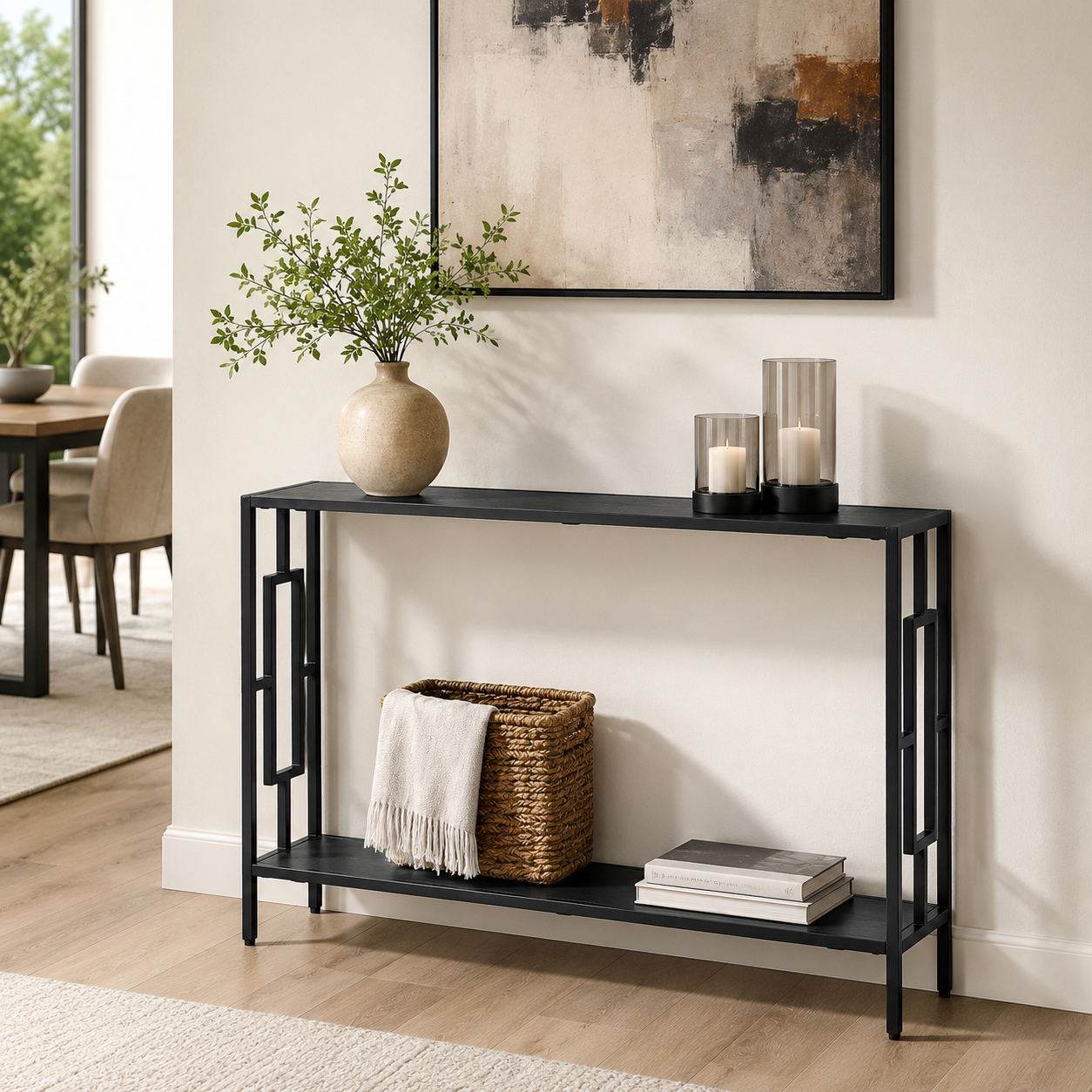 Console Table – Industrial, Hallway Desk, Storage Shelf, Metal Frame, Grey & Black