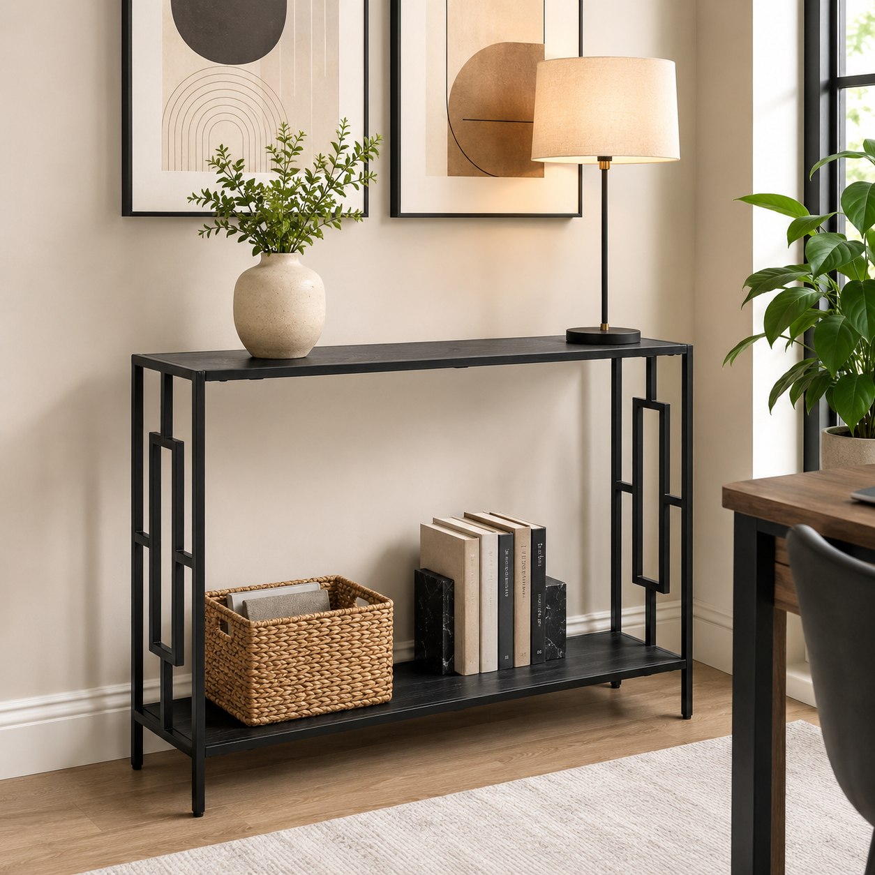 Console Table – Industrial, Hallway Desk, Storage Shelf, Metal Frame, Grey & Black
