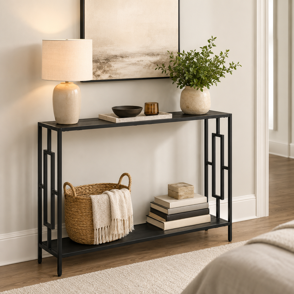 Console Table – Industrial, Hallway Desk, Storage Shelf, Metal Frame, Grey & Black
