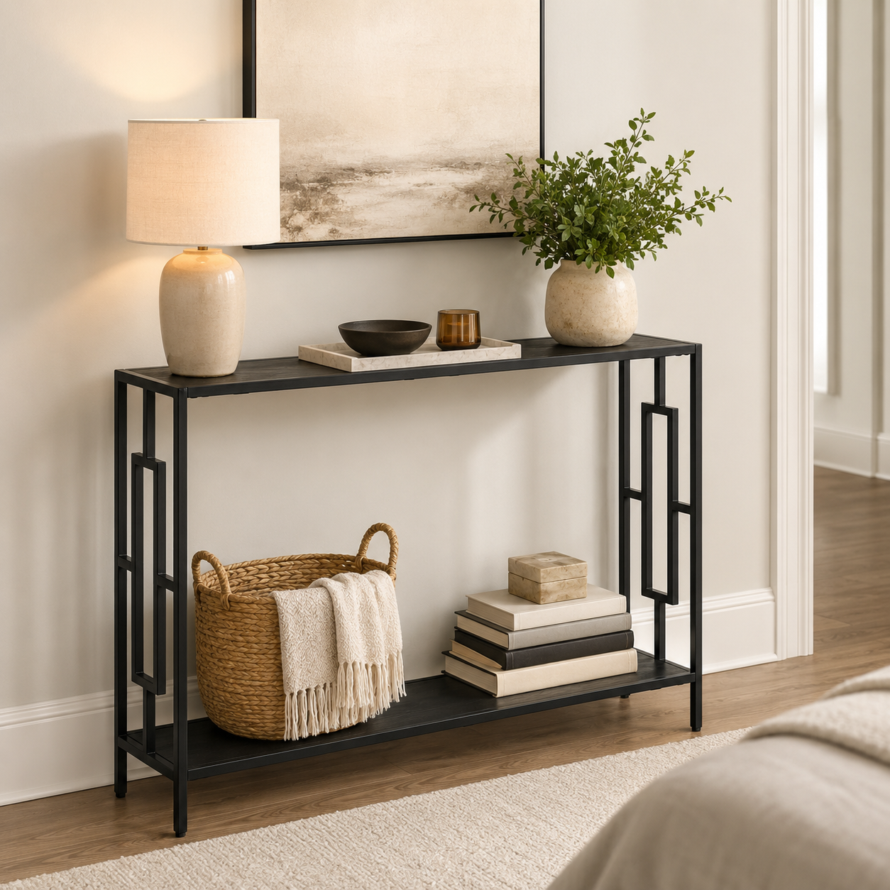 Console Table – Industrial, Hallway Desk, Storage Shelf, Metal Frame, Grey & Black