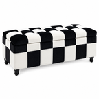 Storage Ottoman Bench – Velvet, Wood Legs, 114×47×47cm, White & Black