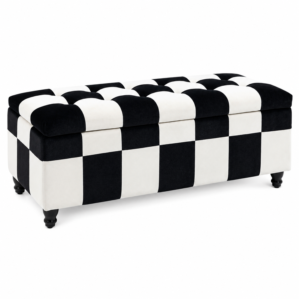 Storage Ottoman Bench – Velvet, Wood Legs, 114×47×47cm, White & Black