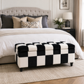 Storage Ottoman Bench – Velvet, Wood Legs, 114×47×47cm, White & Black