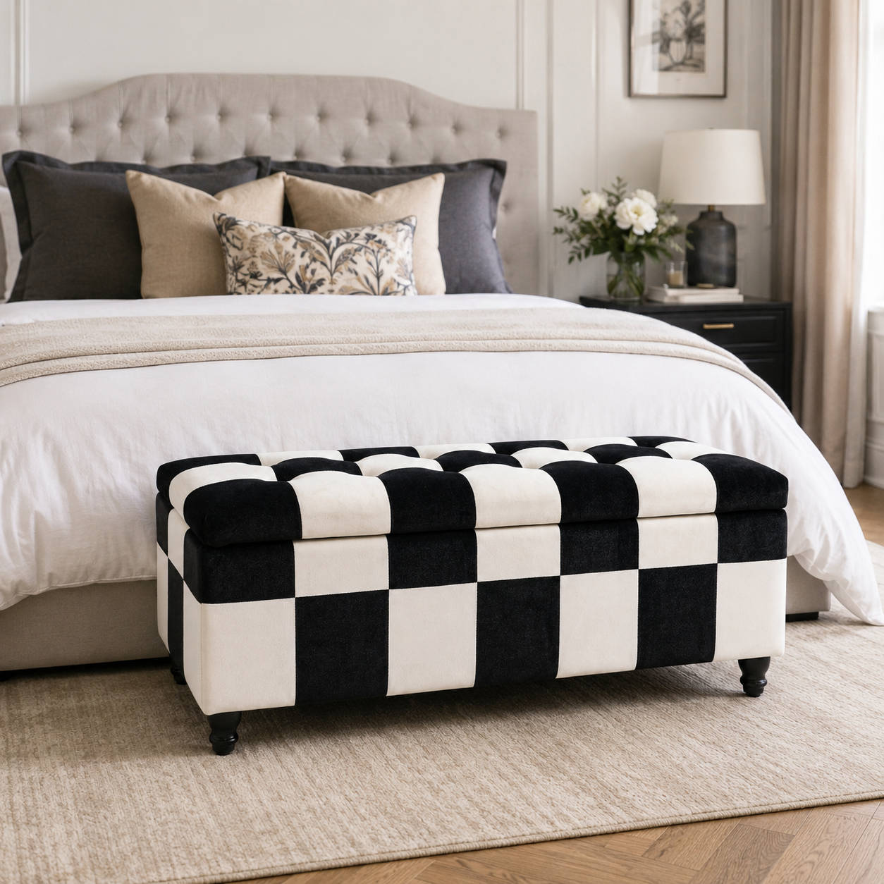 Storage Ottoman Bench – Velvet, Wood Legs, 114×47×47cm, White & Black
