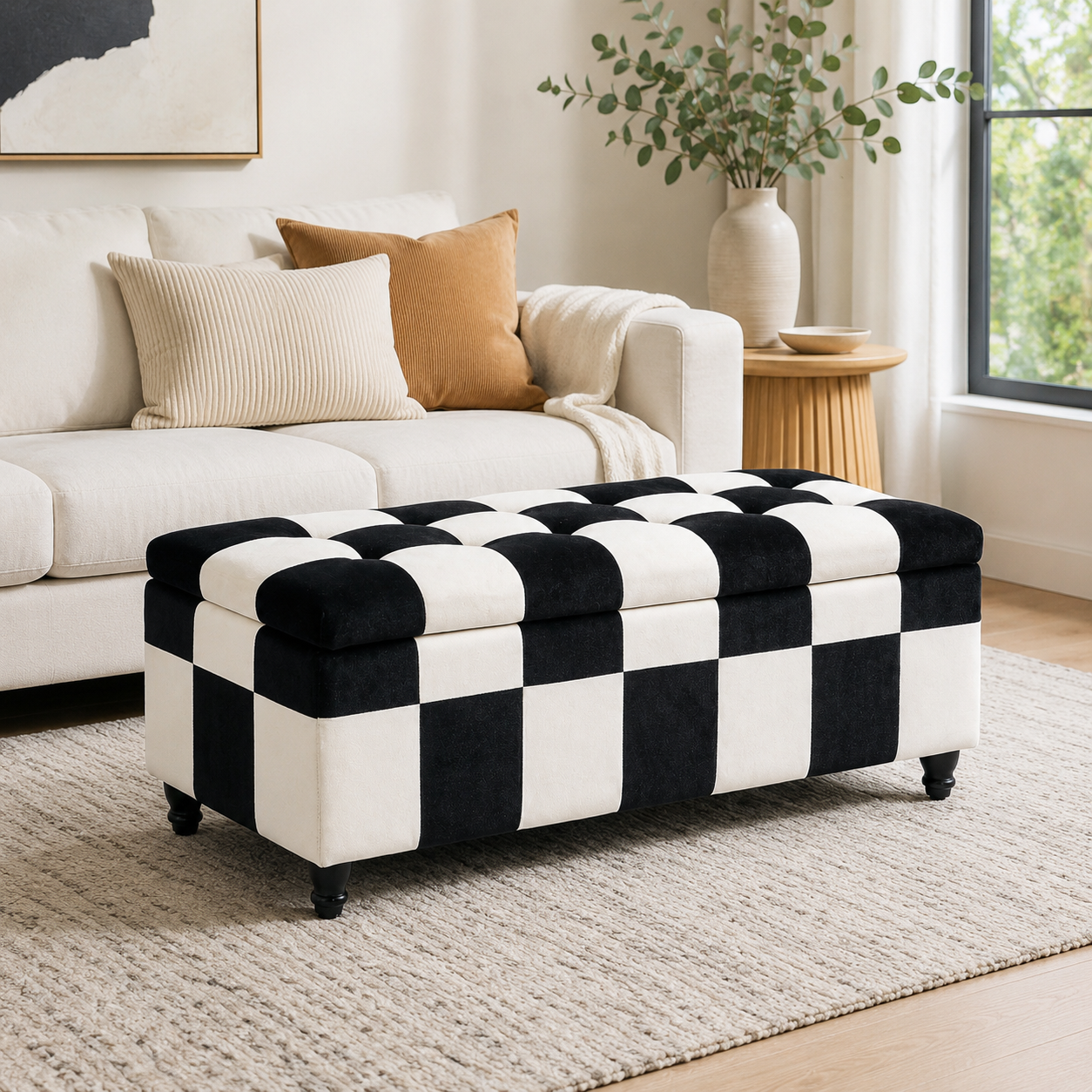 Storage Ottoman Bench – Velvet, Wood Legs, 114×47×47cm, White & Black