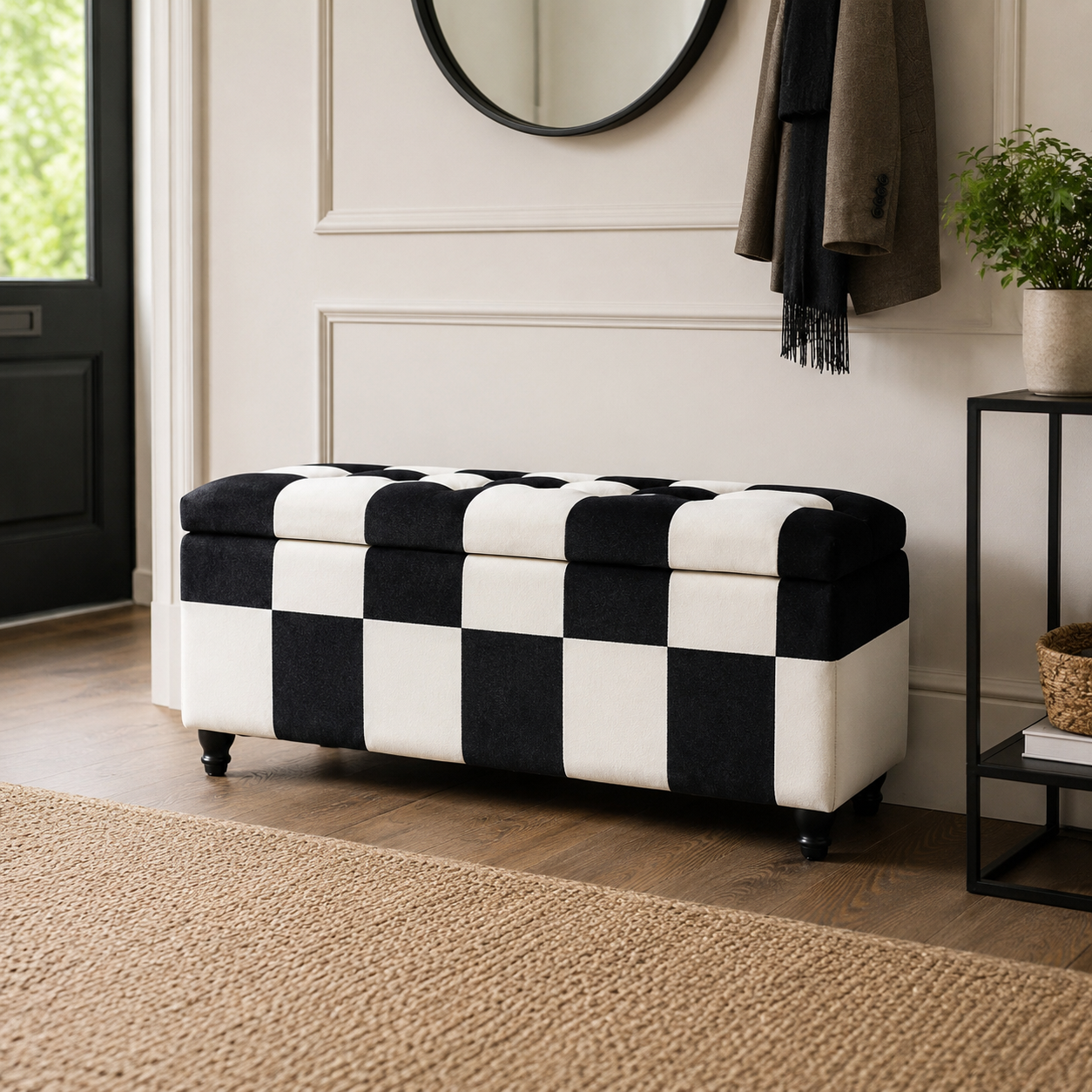 Storage Ottoman Bench – Velvet, Wood Legs, 114×47×47cm, White & Black