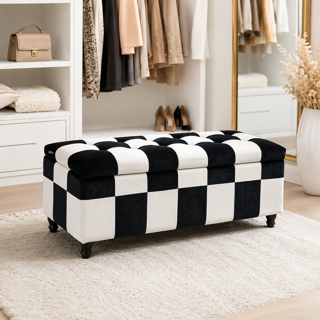 Storage Ottoman Bench – Velvet, Wood Legs, 114×47×47cm, White & Black