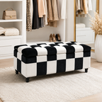 Storage Ottoman Bench – Velvet, Wood Legs, 114×47×47cm, White & Black