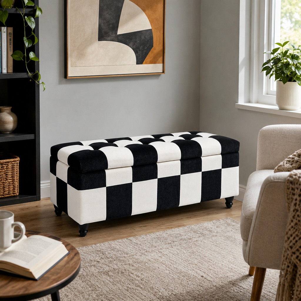 Storage Ottoman Bench – Velvet, Wood Legs, 114×47×47cm, White & Black