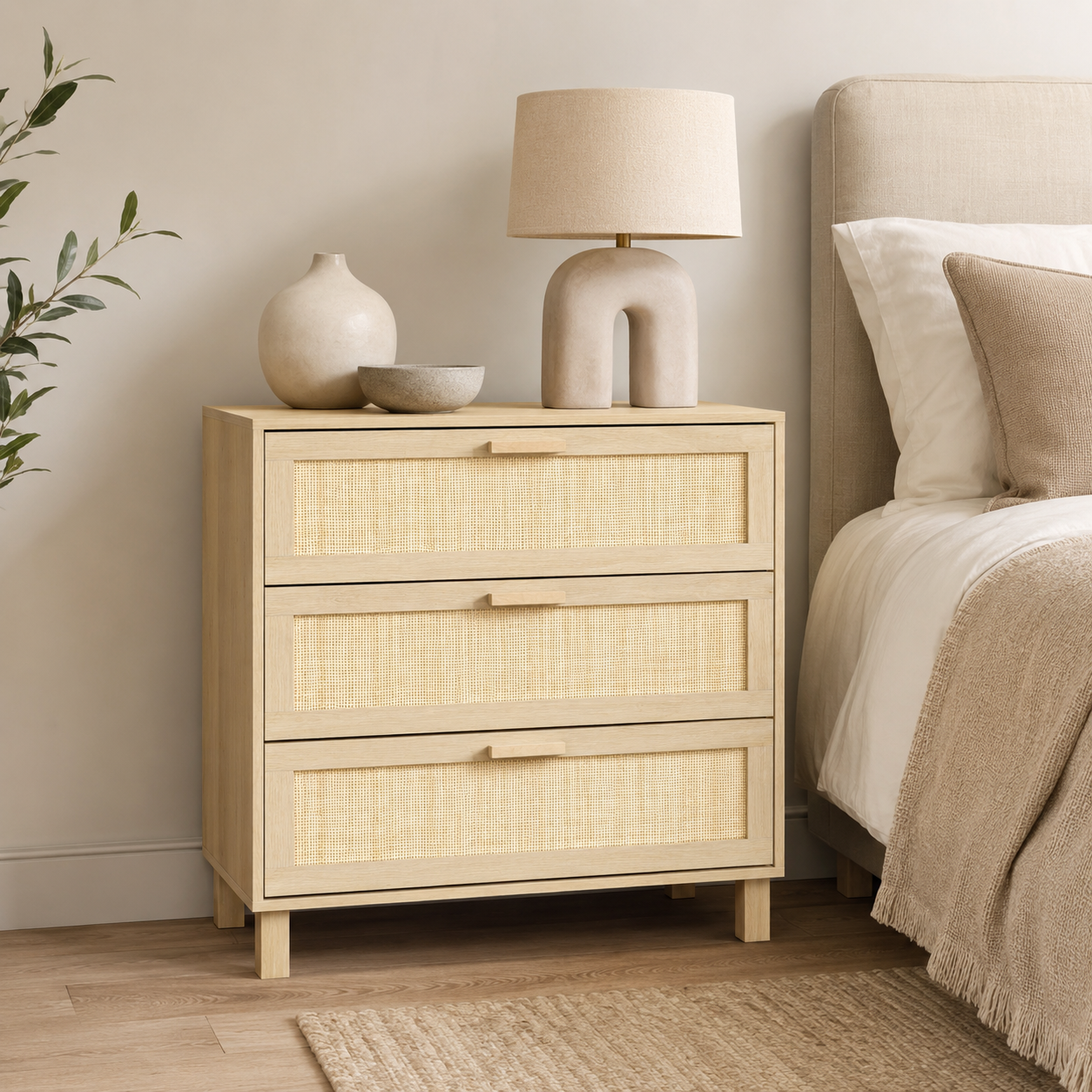Chest of Drawers – 3-Drawer Rattan Dresser, Boho Style, Natural