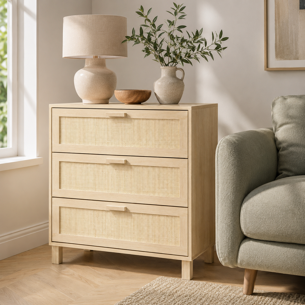 Chest of Drawers – 3-Drawer Rattan Dresser, Boho Style, Natural