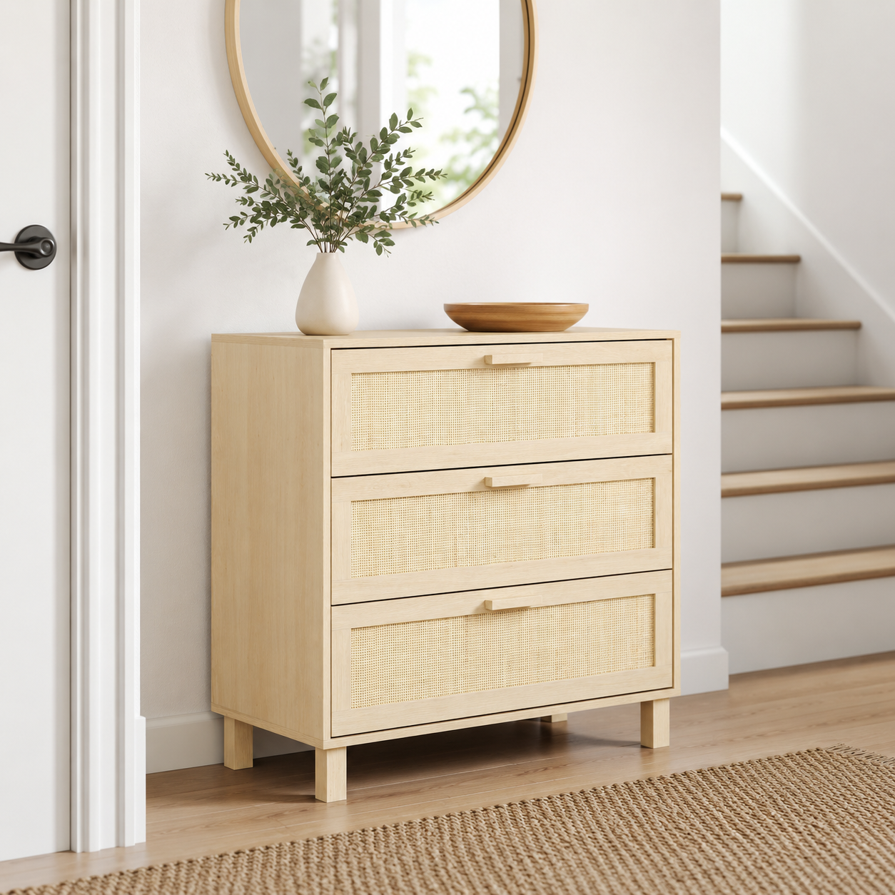 Chest of Drawers – 3-Drawer Rattan Dresser, Boho Style, Natural