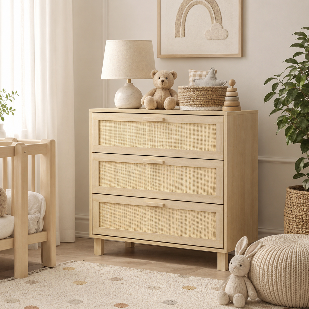 Chest of Drawers – 3-Drawer Rattan Dresser, Boho Style, Natural