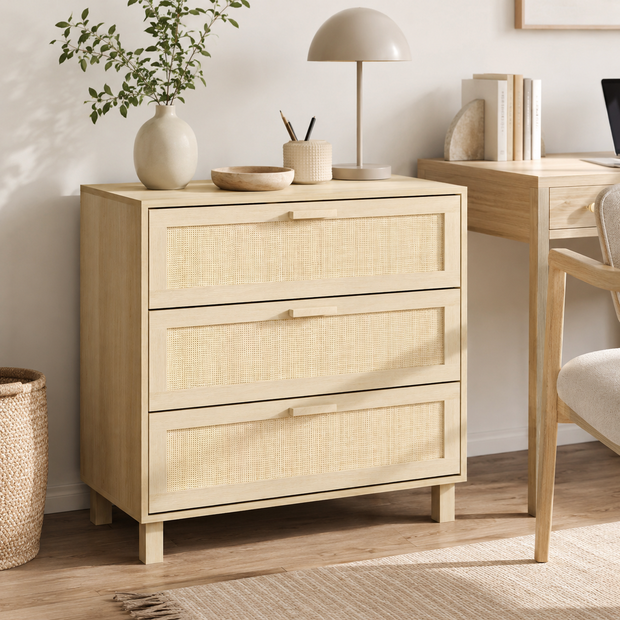 Chest of Drawers – 3-Drawer Rattan Dresser, Boho Style, Natural
