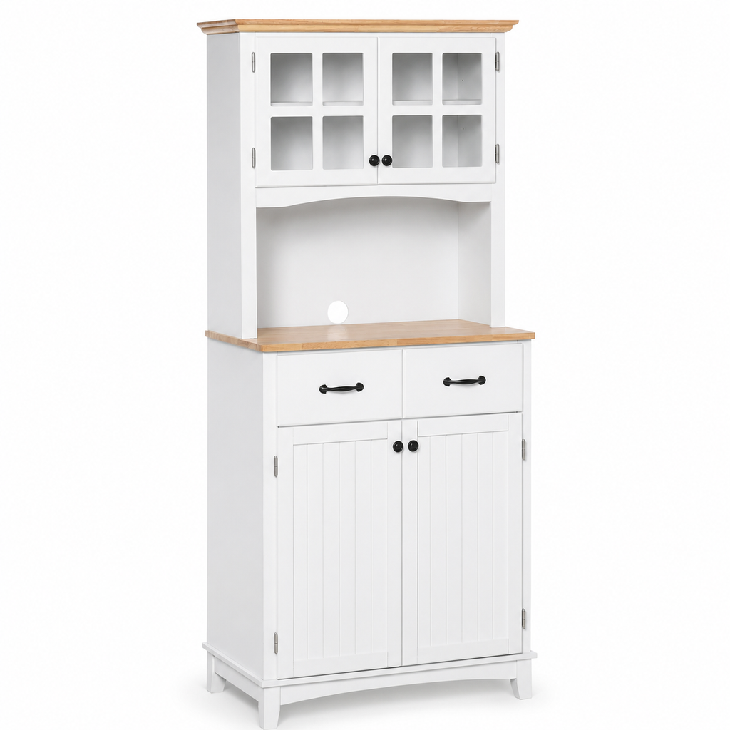 Kitchen Cupboard with Framed Glass Doors & Rubberwood Top – MDF, White & Natural, 74×40×172cm