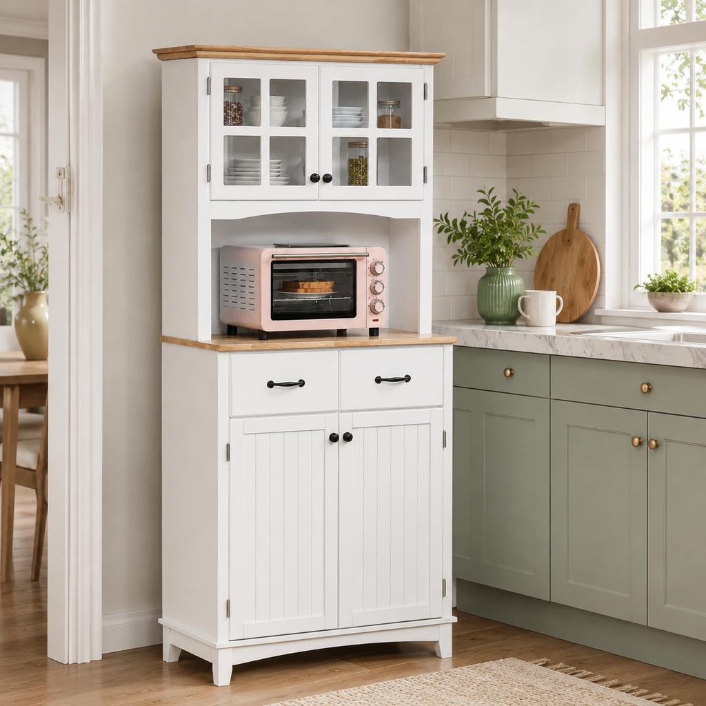 Kitchen Cupboard with Framed Glass Doors & Rubberwood Top – MDF, White & Natural, 74×40×172cm
