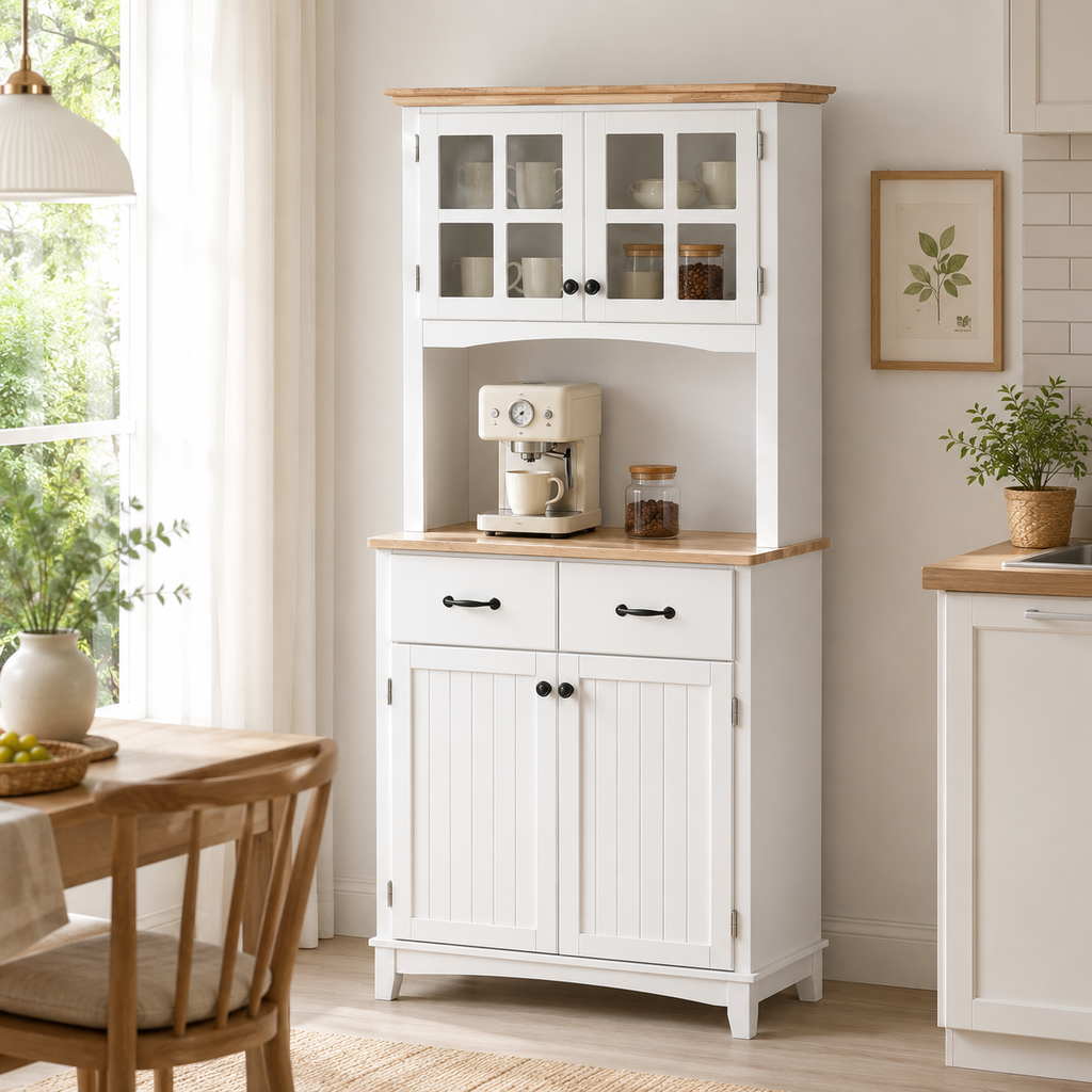 Kitchen Cupboard with Framed Glass Doors & Rubberwood Top – MDF, White & Natural, 74×40×172cm