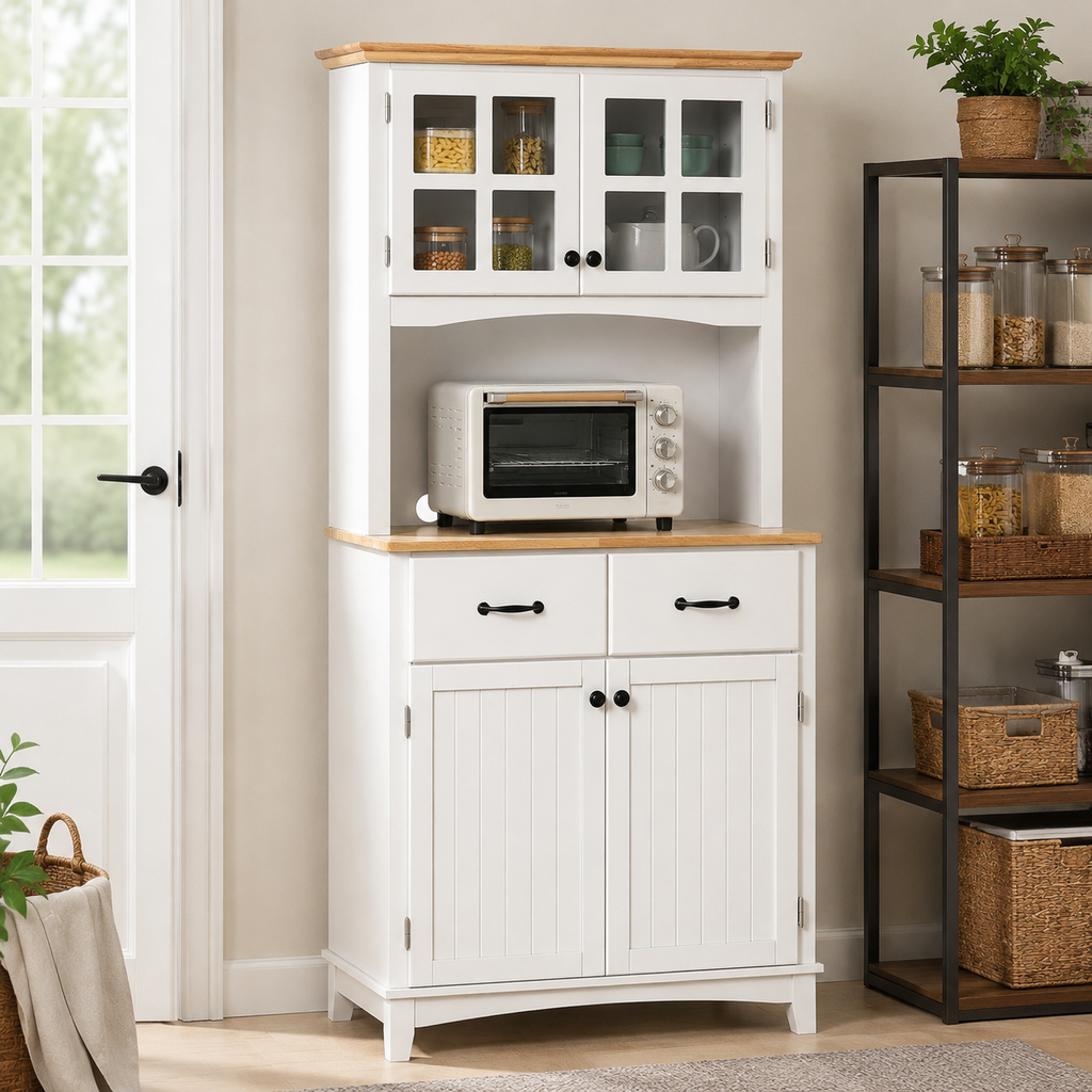 Kitchen Cupboard with Framed Glass Doors & Rubberwood Top – MDF, White & Natural, 74×40×172cm