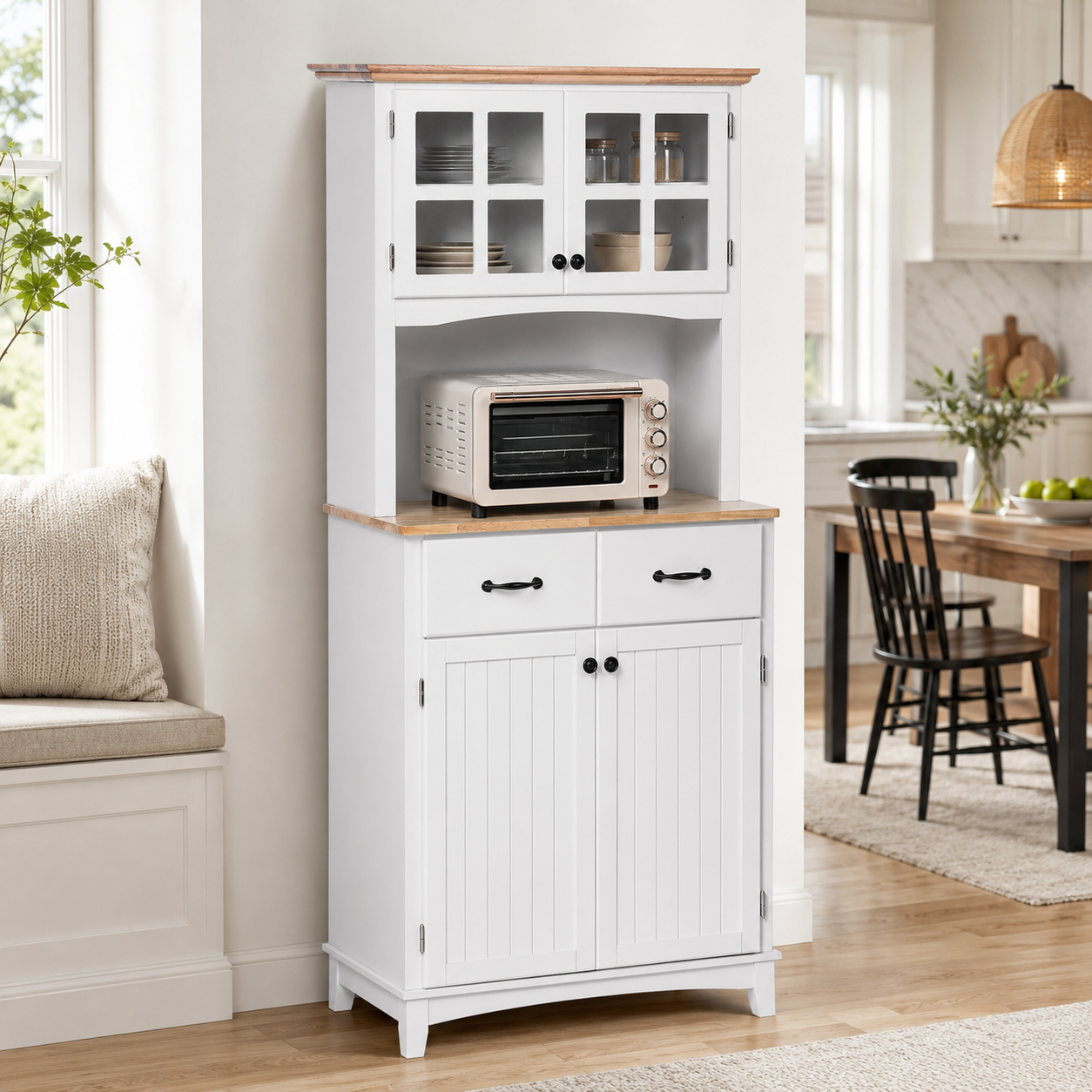 Kitchen Cupboard with Framed Glass Doors & Rubberwood Top – MDF, White & Natural, 74×40×172cm