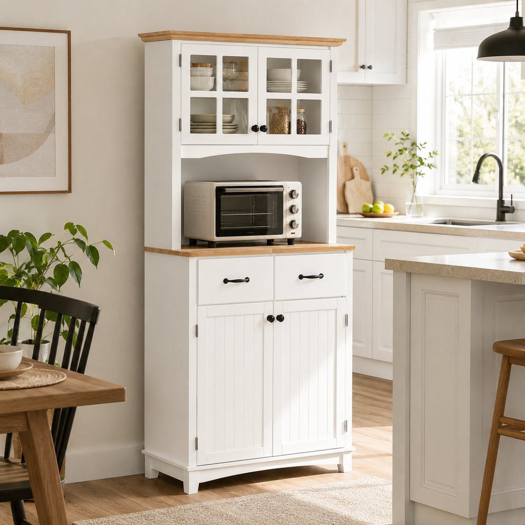 Kitchen Cupboard with Framed Glass Doors & Rubberwood Top – MDF, White & Natural, 74×40×172cm
