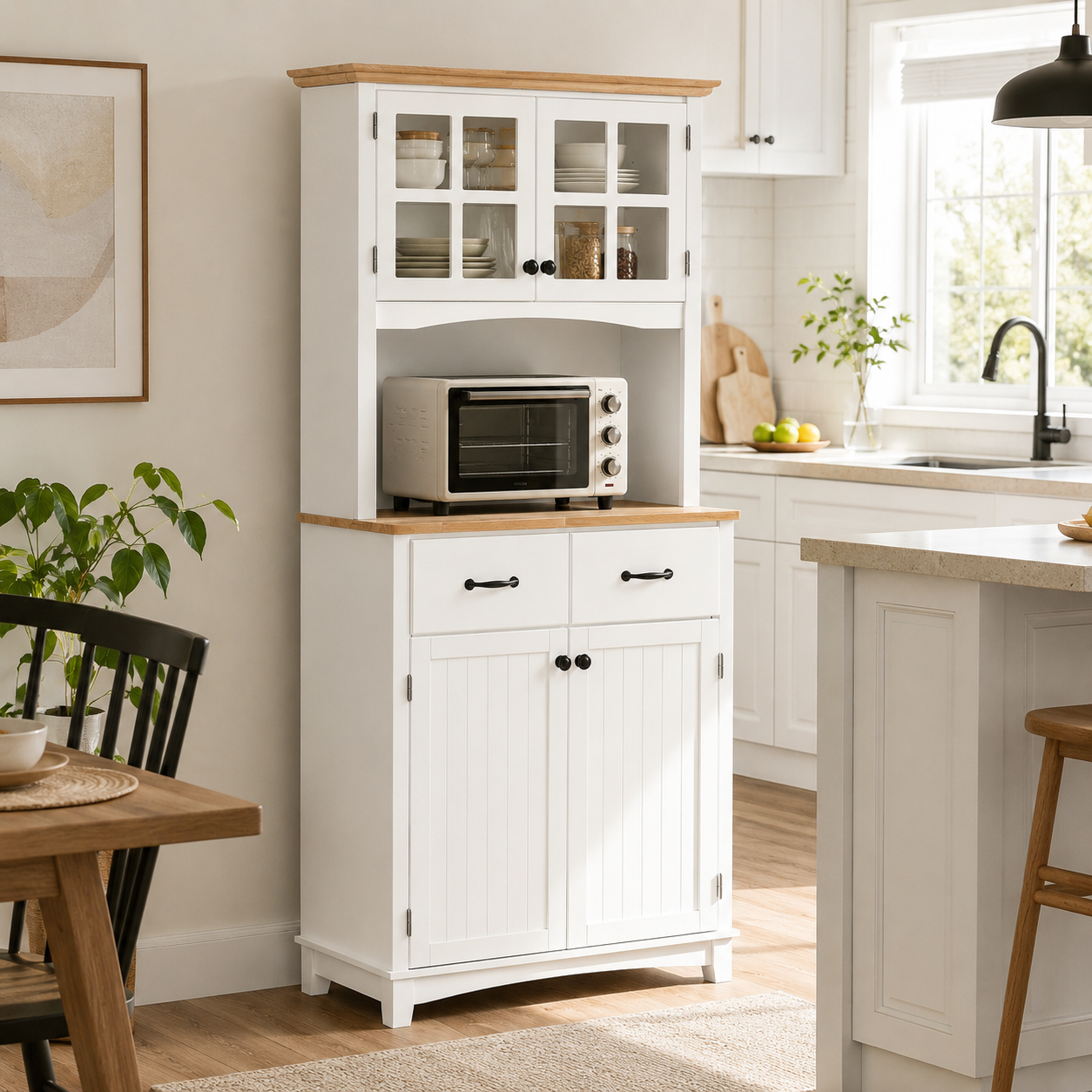 Kitchen Cupboard with Framed Glass Doors & Rubberwood Top – MDF, White & Natural, 74×40×172cm