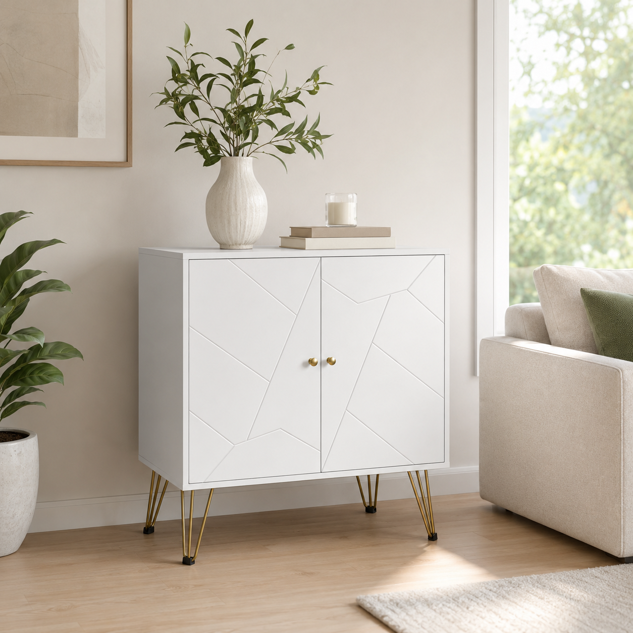 Slim Sideboard with 2 Cabinets & Gold Hairpin Legs – MDF, White & Gold, 80×40×80cm