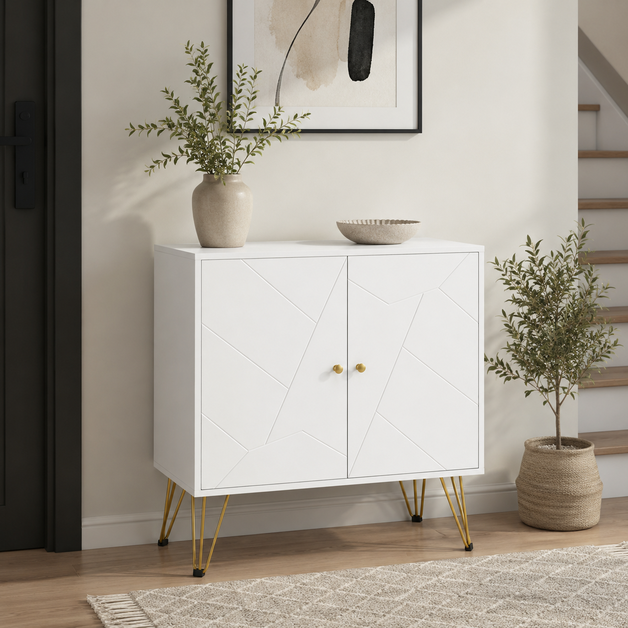 Slim Sideboard with 2 Cabinets & Gold Hairpin Legs – MDF, White & Gold, 80×40×80cm
