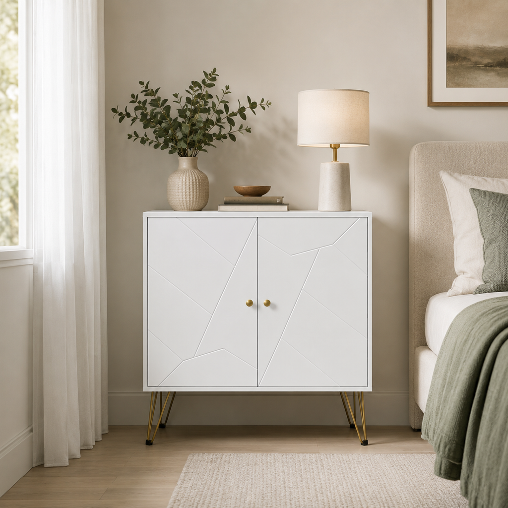 Slim Sideboard with 2 Cabinets & Gold Hairpin Legs – MDF, White & Gold, 80×40×80cm