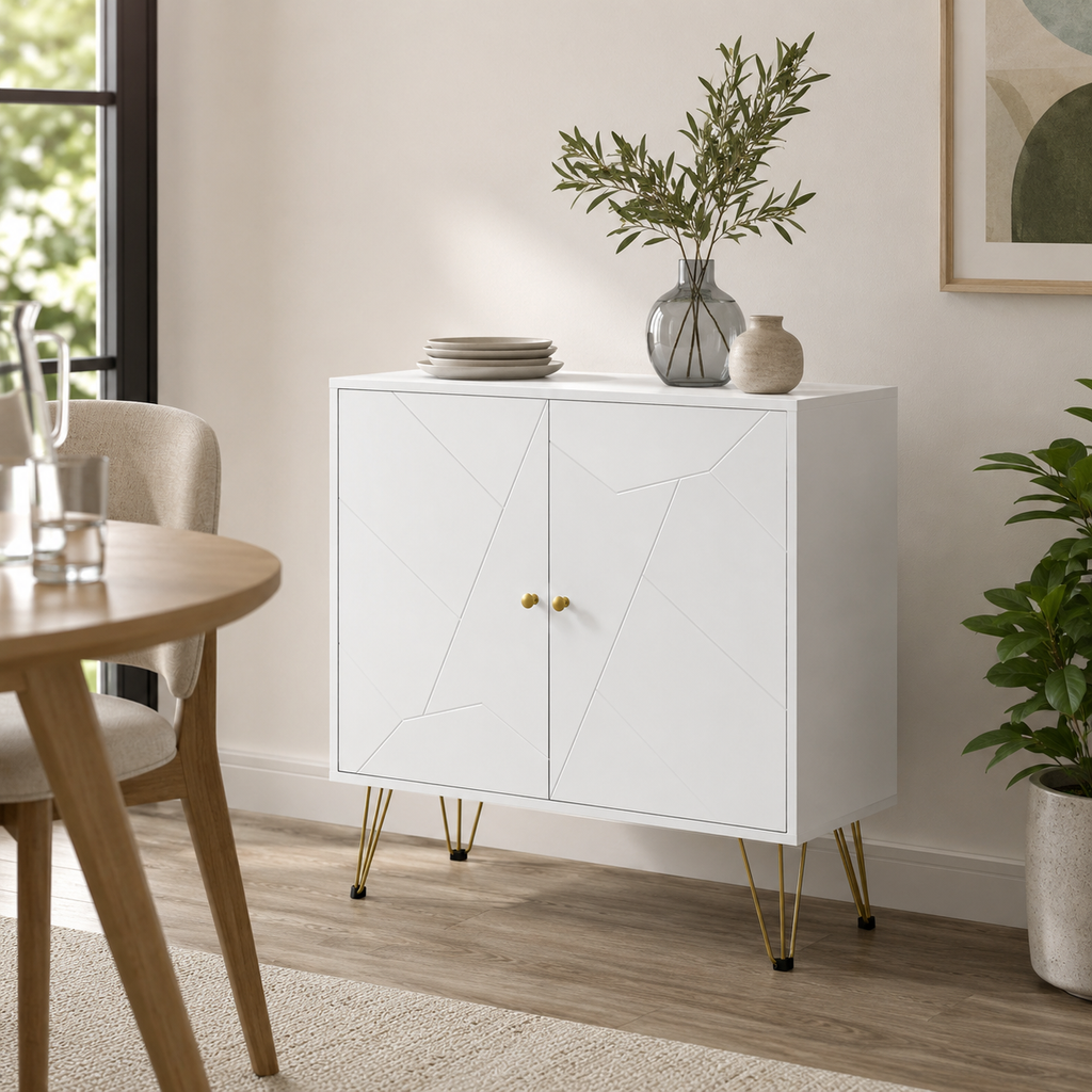 Slim Sideboard with 2 Cabinets & Gold Hairpin Legs – MDF, White & Gold, 80×40×80cm