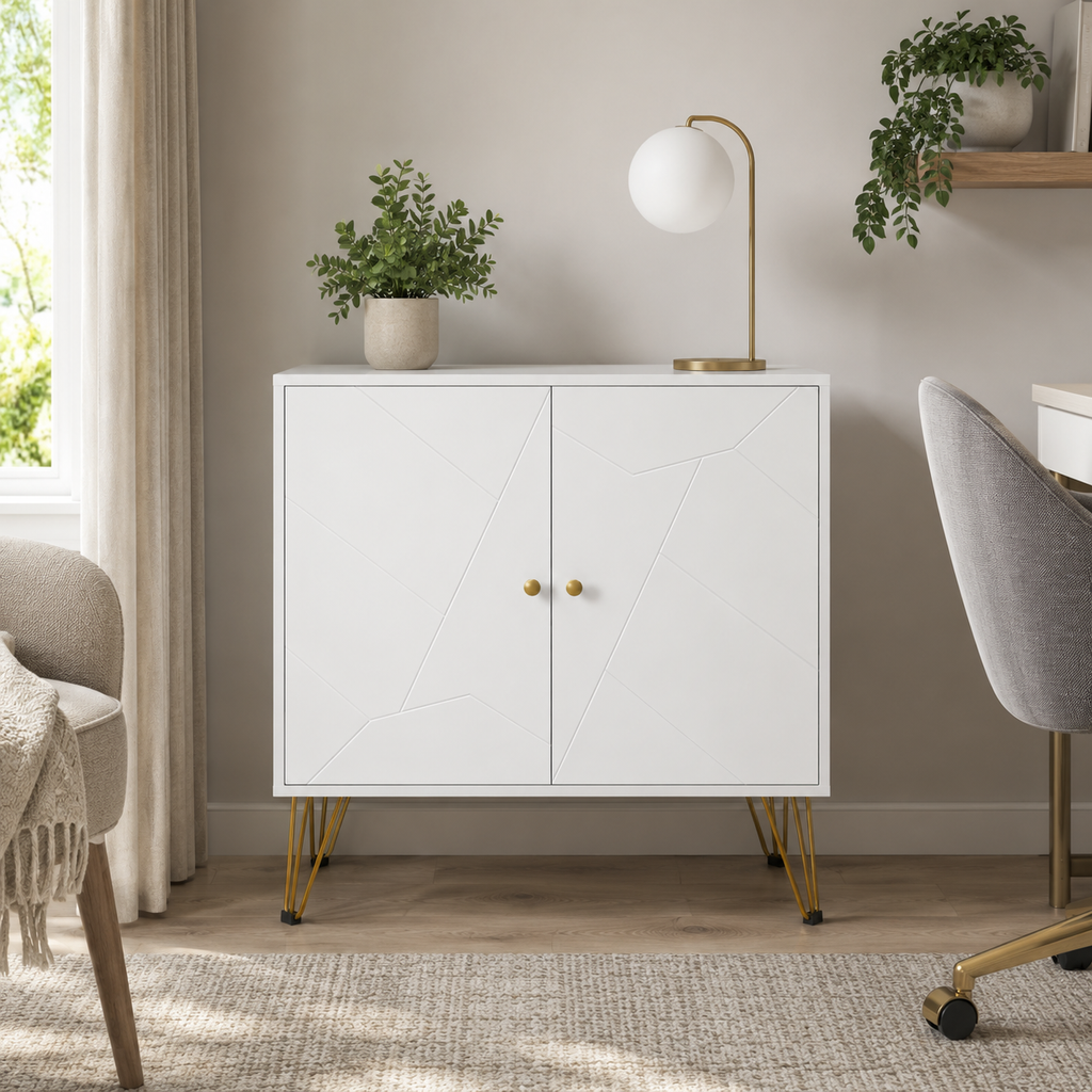 Slim Sideboard with 2 Cabinets & Gold Hairpin Legs – MDF, White & Gold, 80×40×80cm