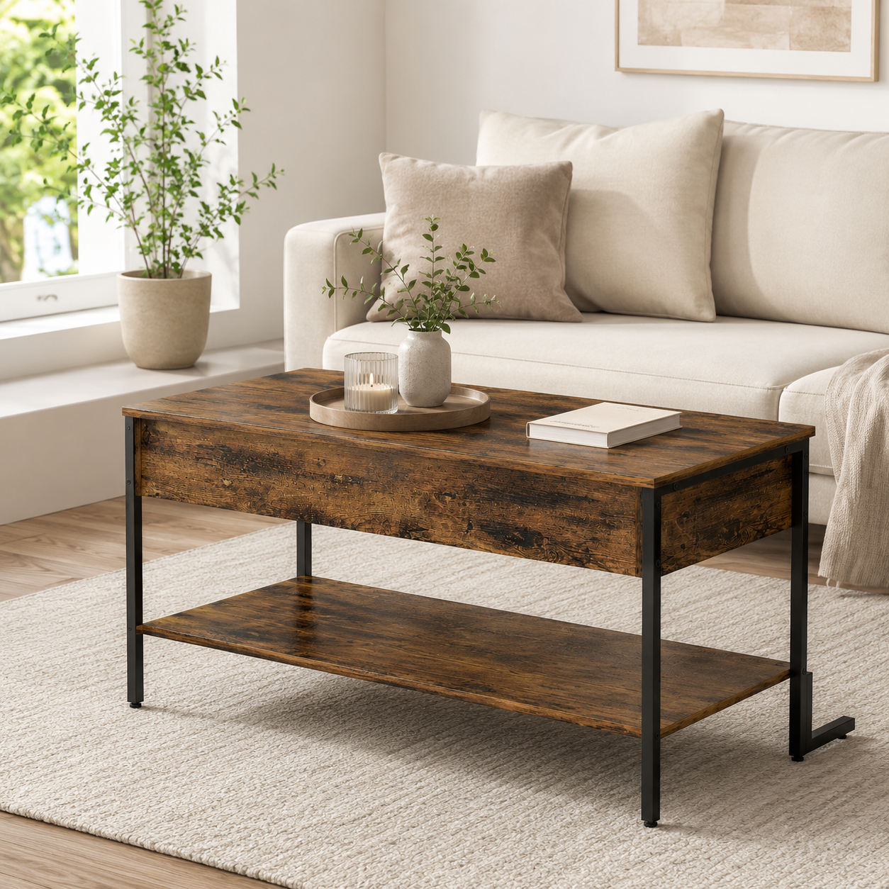 Coffee Table – Lift-Top, Under-Surface Storage, Rustic Brown