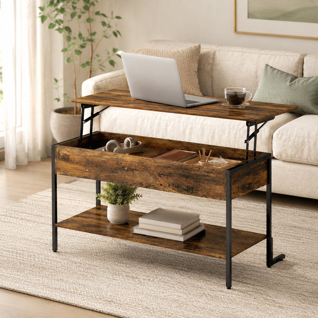 Coffee Table – Lift-Top, Under-Surface Storage, Rustic Brown