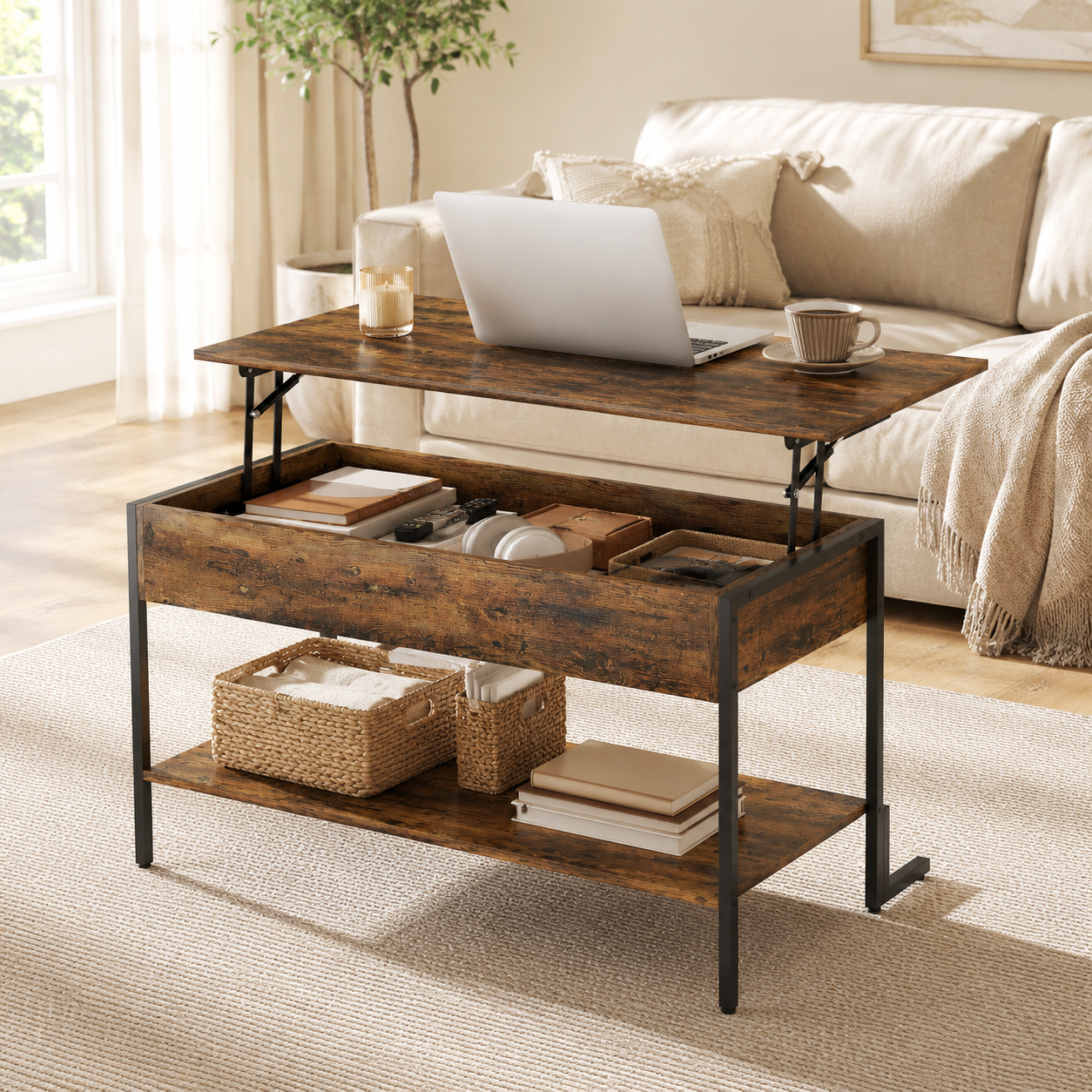 Coffee Table – Lift-Top, Under-Surface Storage, Rustic Brown