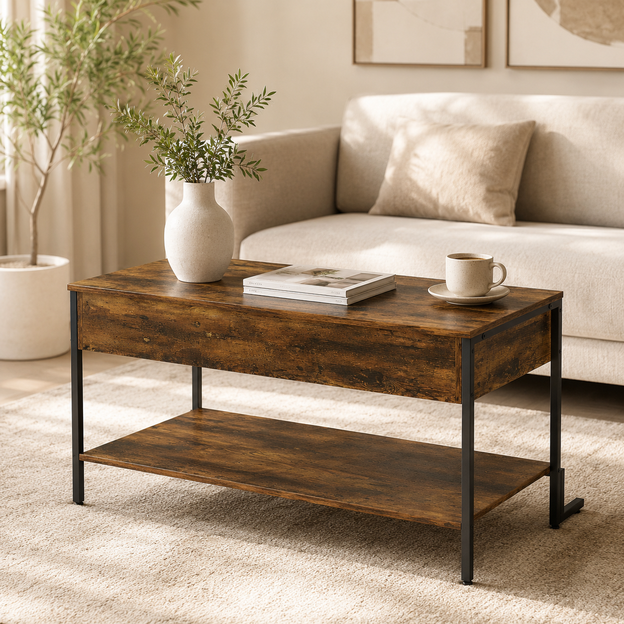 Coffee Table – Lift-Top, Under-Surface Storage, Rustic Brown