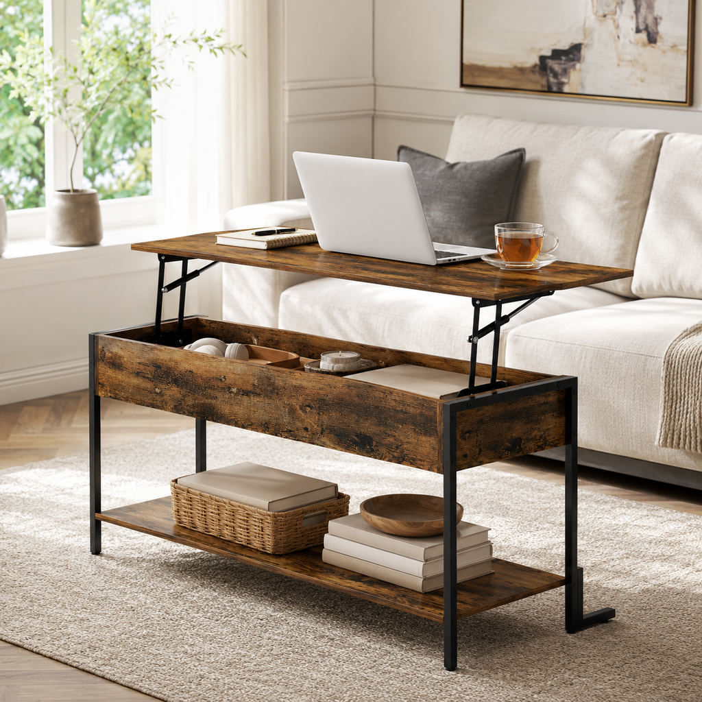 Coffee Table – Lift-Top, Under-Surface Storage, Rustic Brown