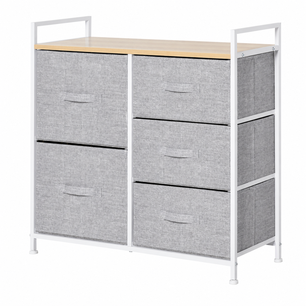 Linen Drawer Unit 5-Drawer Steel Frame – Particle Board & Linen, Grey, 83 × 29 × 77 cm