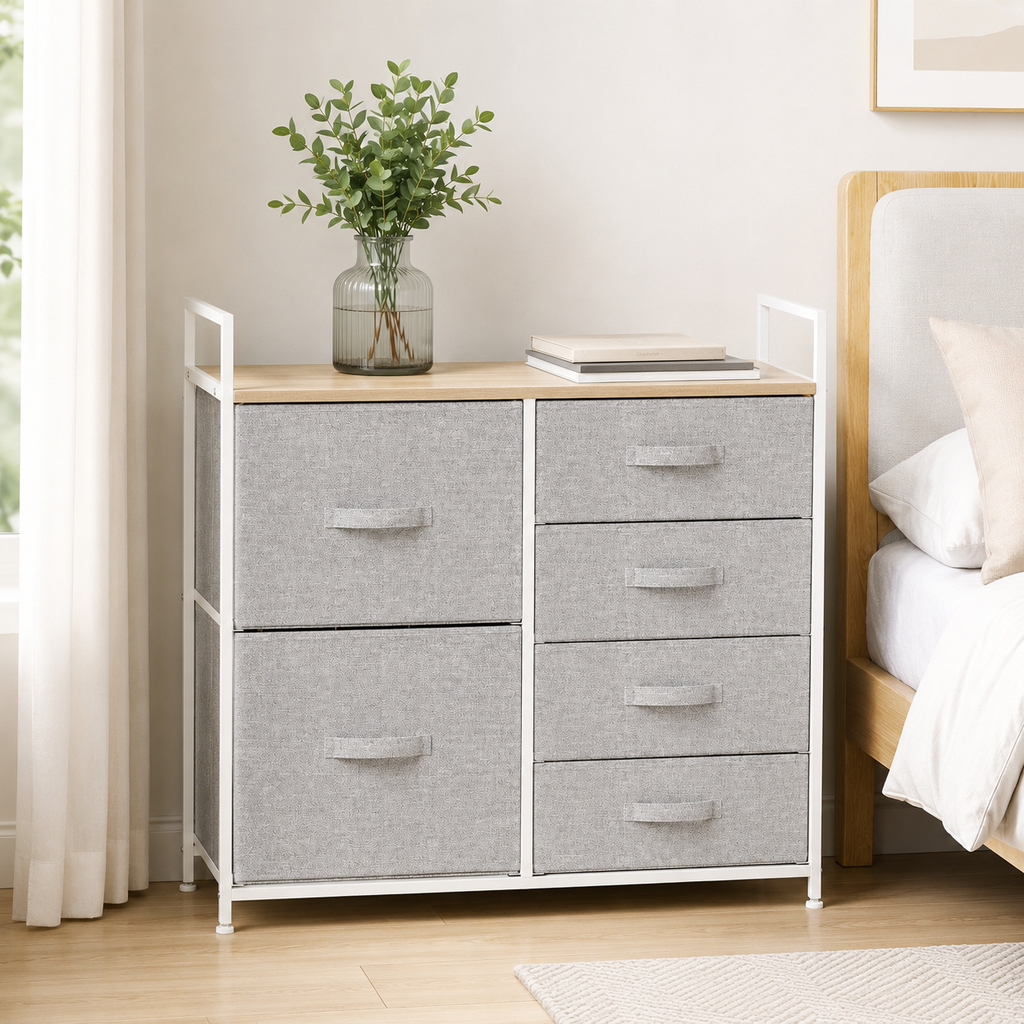 Linen Drawer Unit 5-Drawer Steel Frame – Particle Board & Linen, Grey, 83 × 29 × 77 cm
