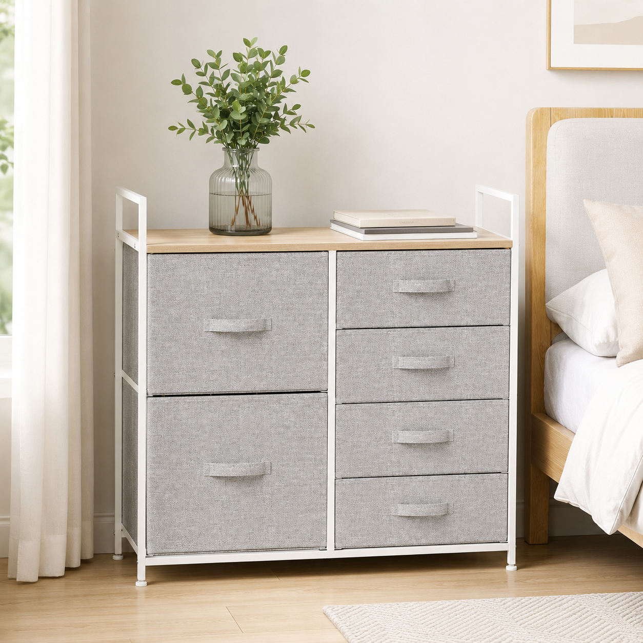 Linen Drawer Unit 5-Drawer Steel Frame – Particle Board & Linen, Grey, 83 × 29 × 77 cm