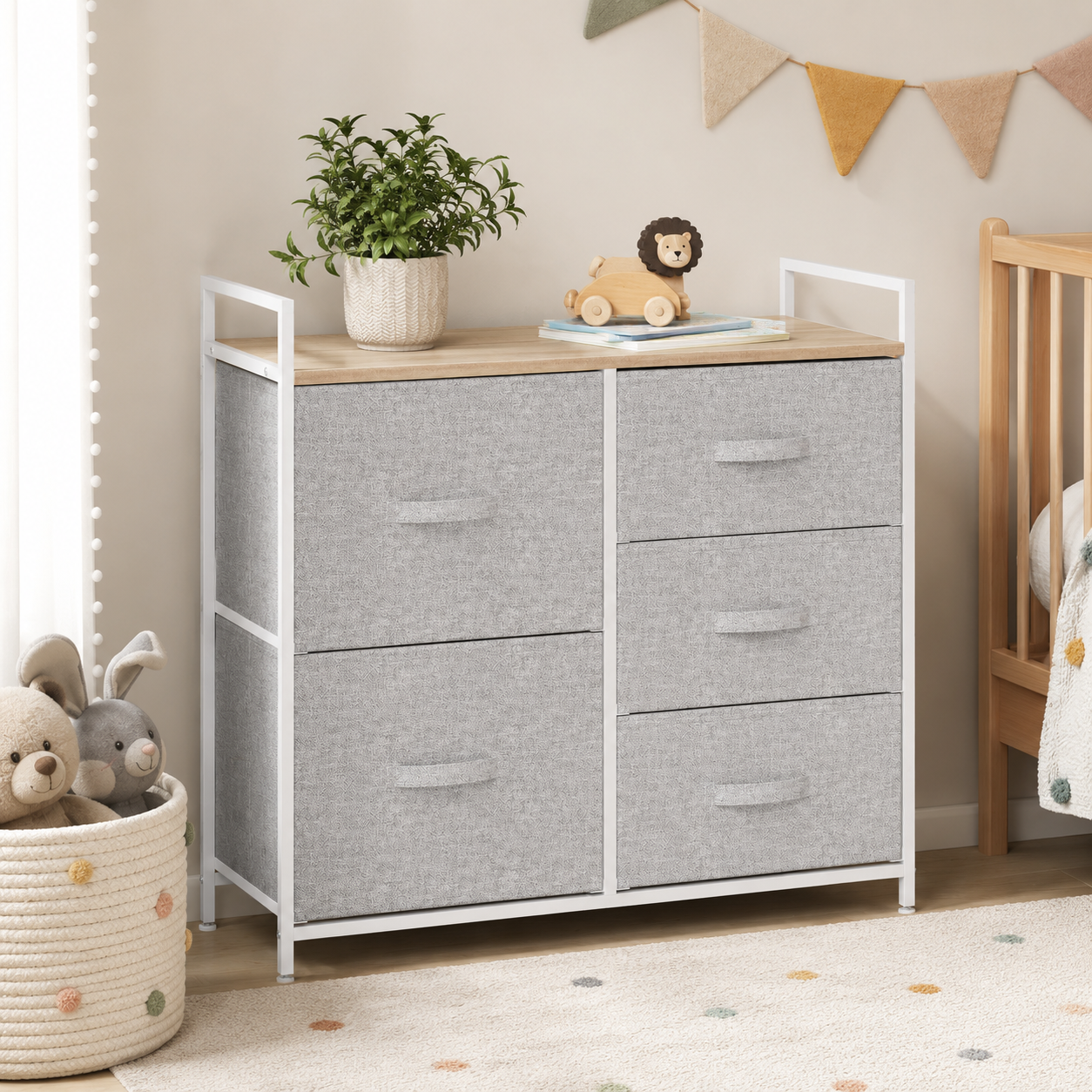 Linen Drawer Unit 5-Drawer Steel Frame – Particle Board & Linen, Grey, 83 × 29 × 77 cm