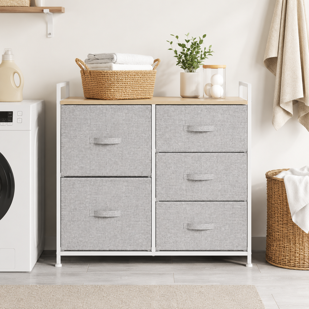 Linen Drawer Unit 5-Drawer Steel Frame – Particle Board & Linen, Grey, 83 × 29 × 77 cm