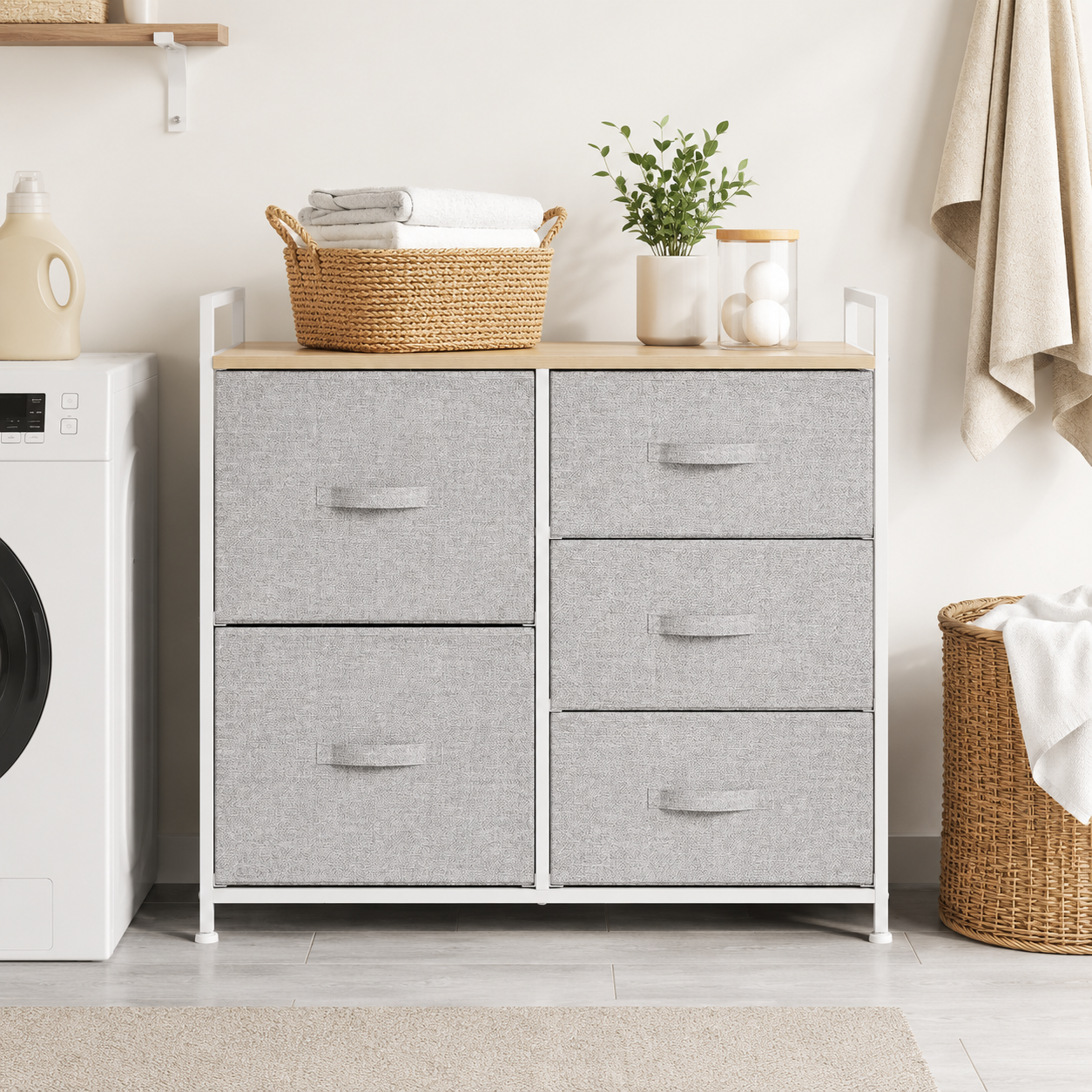 Linen Drawer Unit 5-Drawer Steel Frame – Particle Board & Linen, Grey, 83 × 29 × 77 cm